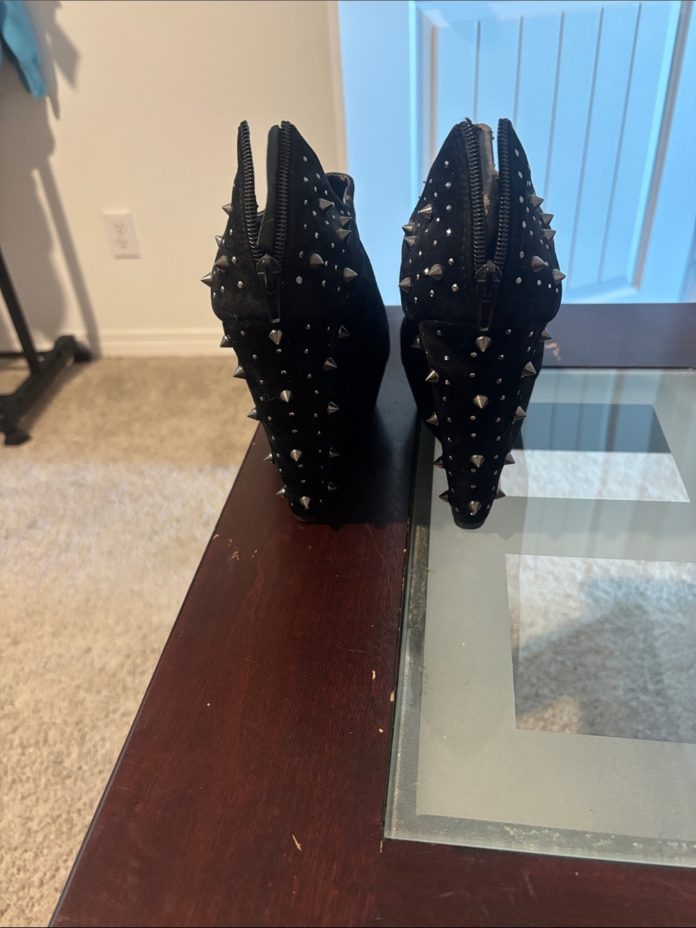 Mixx Shuz Black Studded Suede Ankle Heels